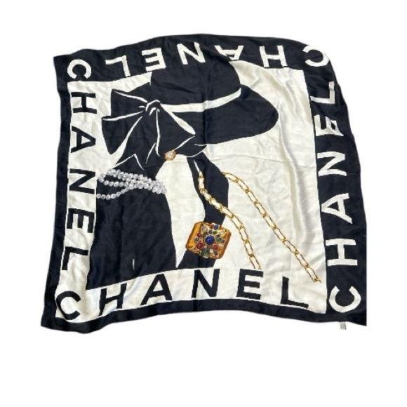 CHANEL Accessories - Chanel Vintage Silk Scarf — Coco Silhouette Black & White Chain Print